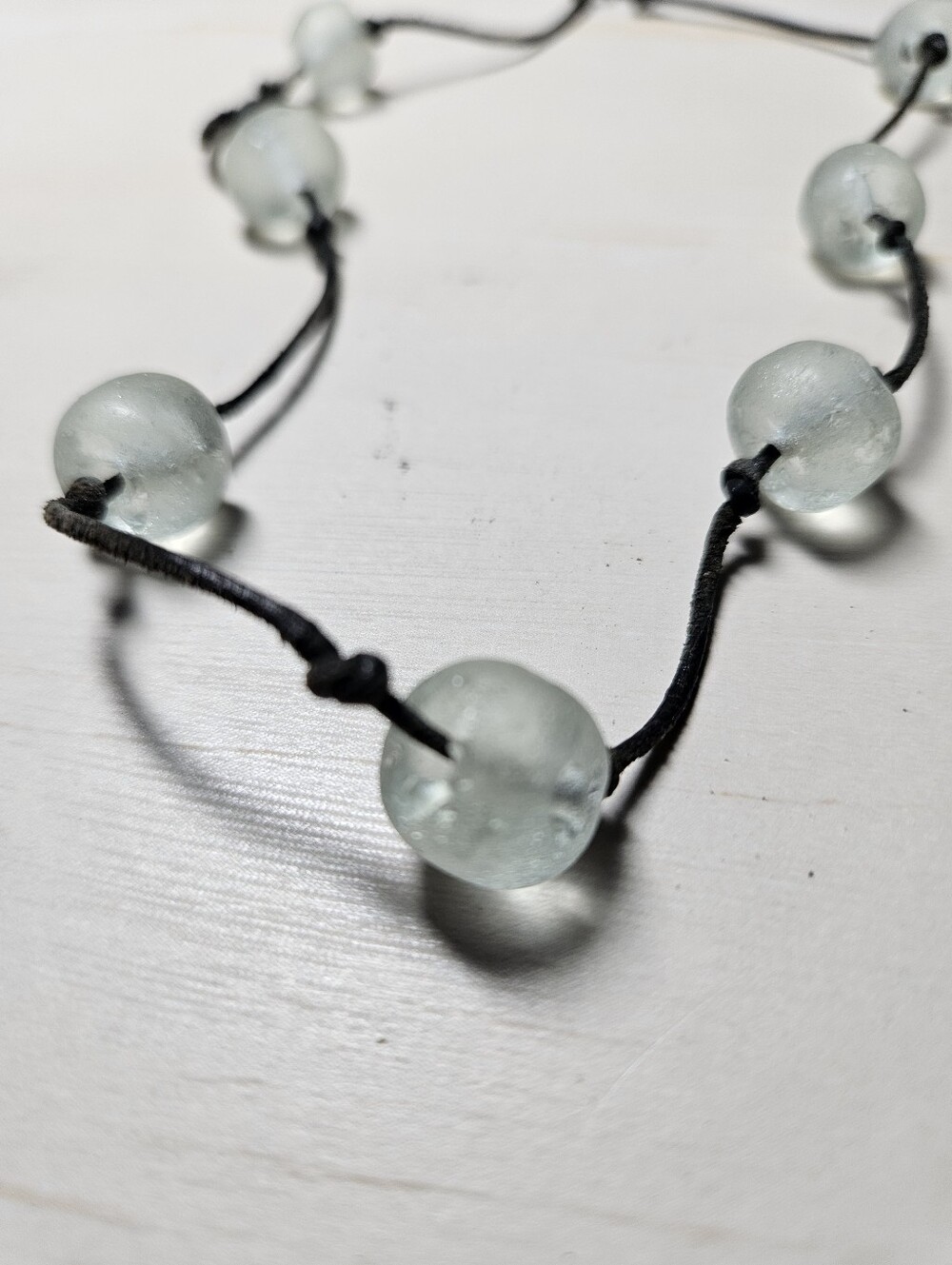 Artisan Krobo Recycled Glass Bead Necklace | Minimalist Seafoam Aqua & Waxed - Picture 6 of 8